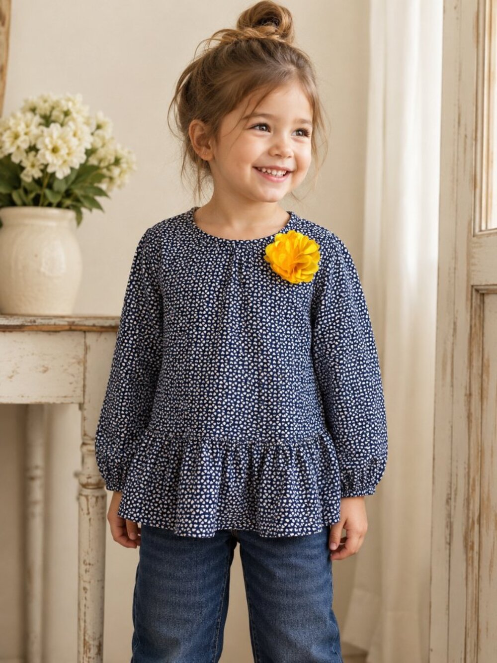 Cherokee Girls 4T Navy Heart Print Babydoll Top Long Sleeve Empire Waist Boho